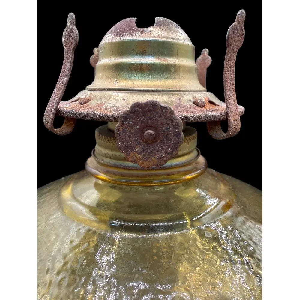 Pair Antique Amber Glass Oil Lamps P&A Burners Hurricane Chimneys 18